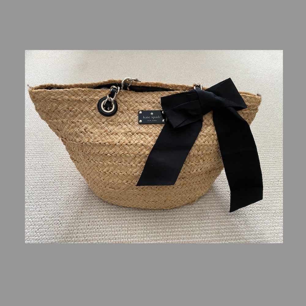 Kate Spade Point Breeze Coal Straw  Tote Bag Black Bow